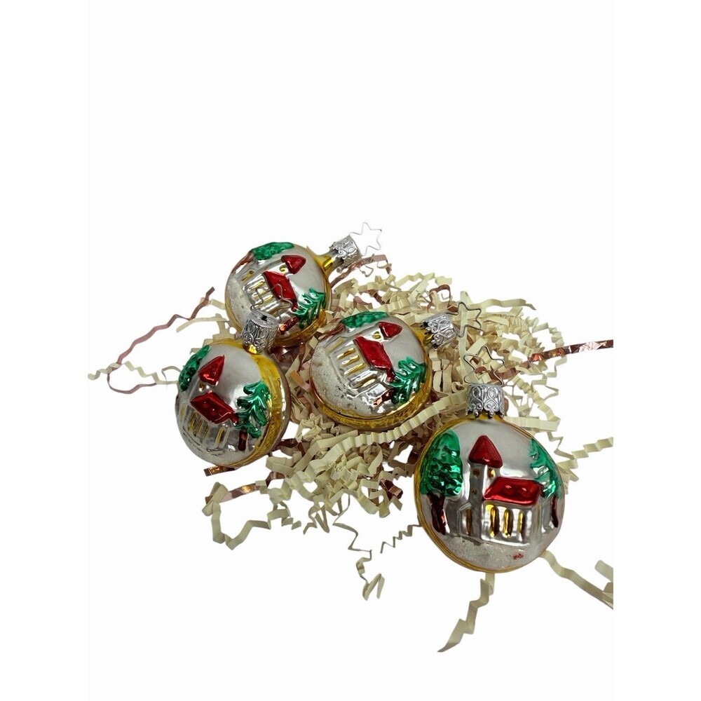 Inge-Glas Germany Petite Church & Tree Blown Glass Ornament ~ 2 1/4" Tall Set 4